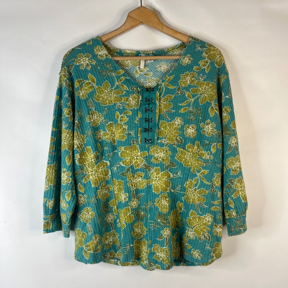 Cato Waffle Knit Top Womens 14/16W Teal Green Floral Hook Eye V-Neck Henley